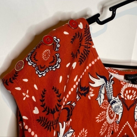 Talbots Handkerchief Peacock Print Sheath Red Cap Sleeve Dress Large Petite LP - Picture 5 of 8